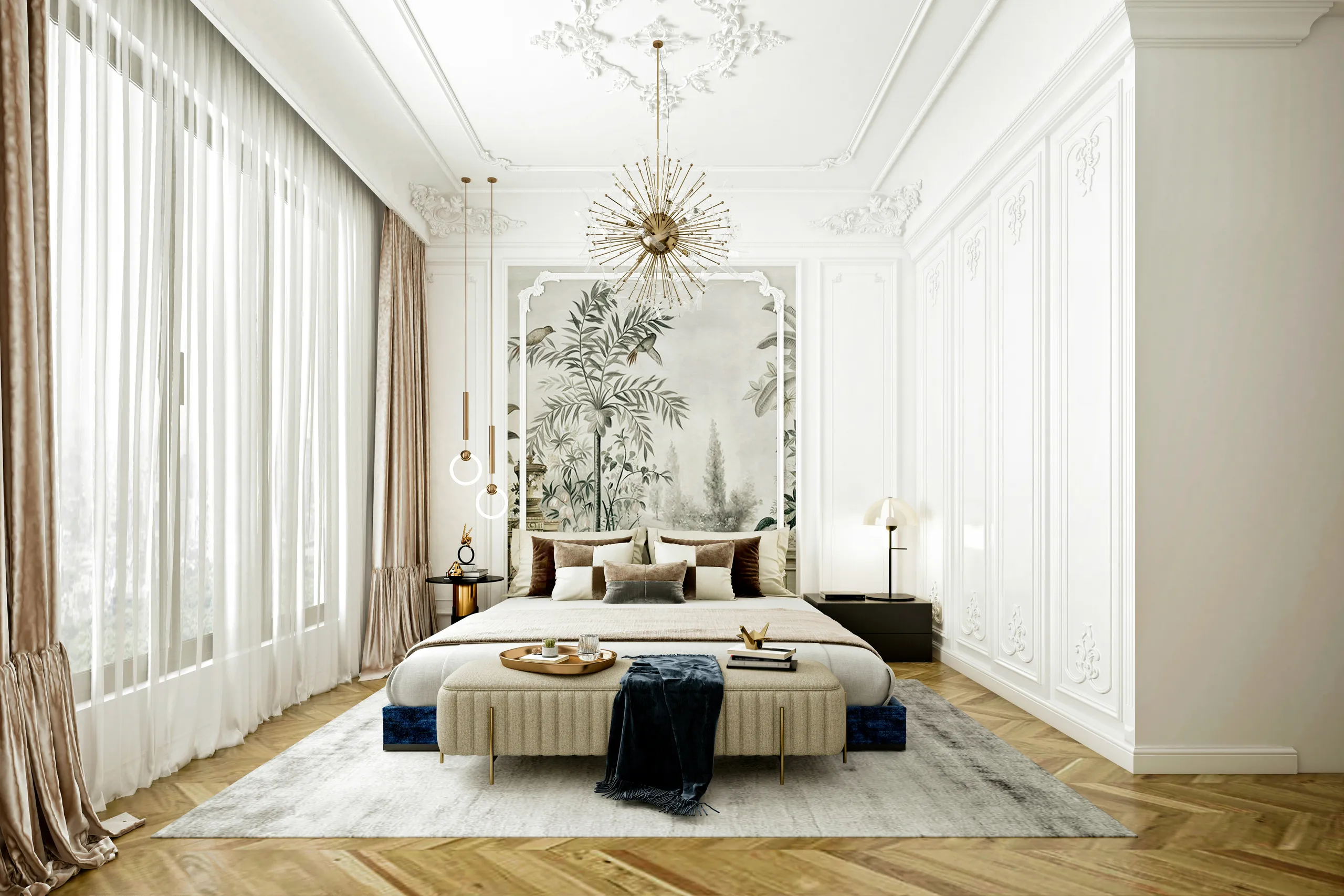 Elegante dormitorio en una decoración clara y clásica